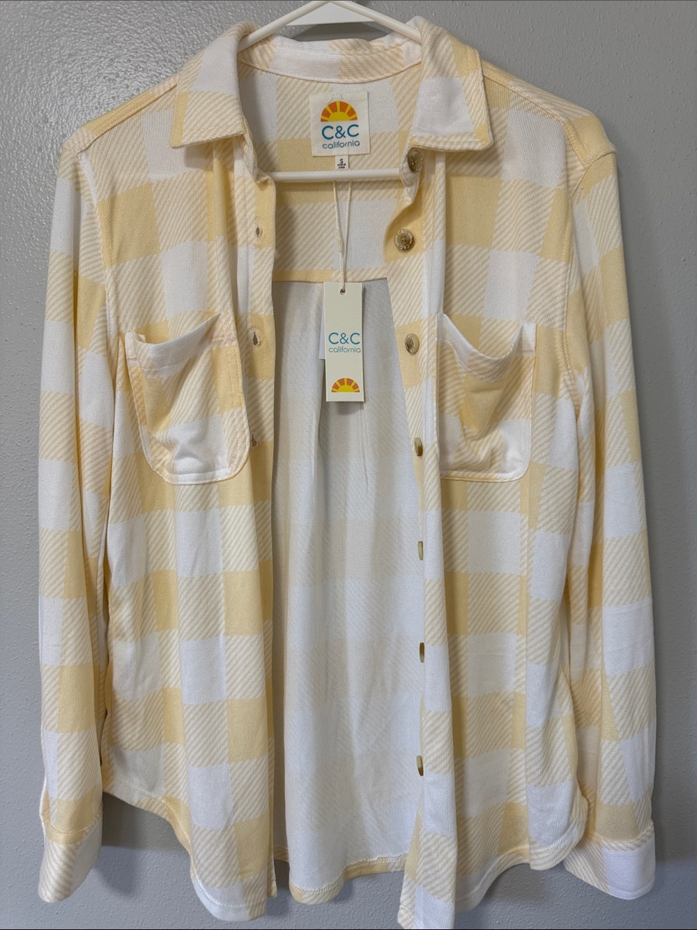 C&C California Women's Yellow and White Plaid Utility Shacket